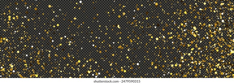 Gold glittering dust with stars on a gray transparent background. Dust with gold glitter effect and empty space for your text.  Vector illustration