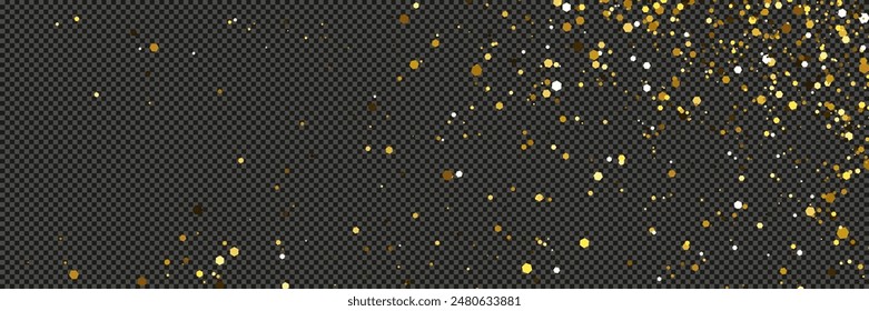 Gold glittering dust with stars on a gray transparent background. Dust with gold glitter effect and empty space for your text.  Vector illustration
