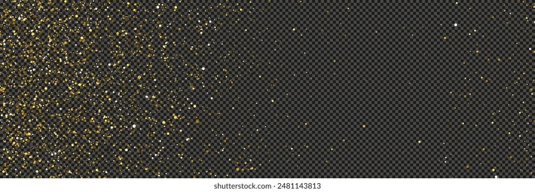 Gold glittering dust with stars on a gray transparent background. Dust with gold glitter effect and empty space for your text.  Vector illustration