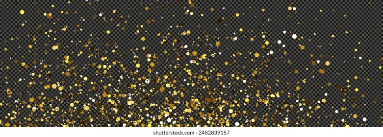 Gold glittering dust with stars on a gray transparent background. Dust with gold glitter effect and empty space for your text.  Vector illustration