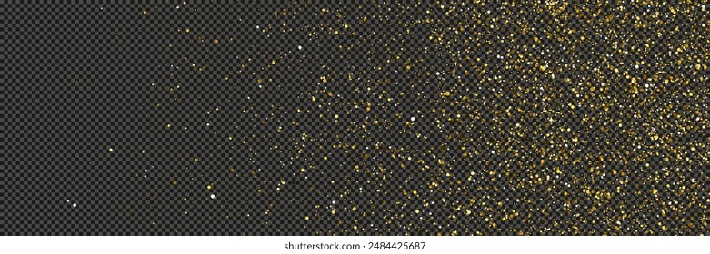 Gold glittering dust with stars on a gray transparent background. Dust with gold glitter effect and empty space for your text.  Vector illustration