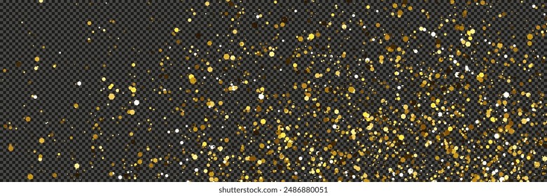 Gold glittering dust with stars on a gray transparent background. Dust with gold glitter effect and empty space for your text.  Vector illustration