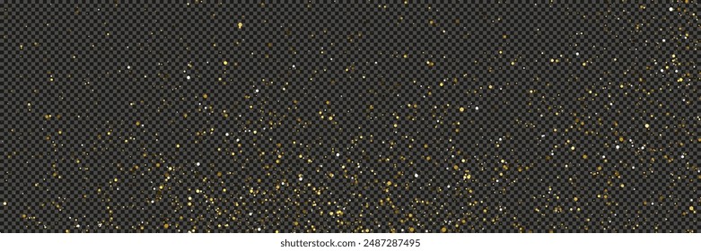 Gold glitzernder Staub mit Sternen auf einem grauen transparenten Hintergrund. Staub mit Goldglitzer-Effekt und leerem Raum für Ihren Text.  Vektorillustration