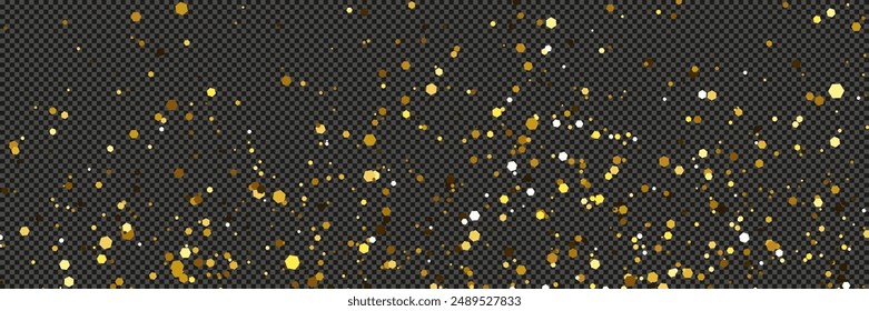 Gold glittering dust with stars on a gray transparent background. Dust with gold glitter effect and empty space for your text.  Vector illustration