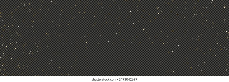 Gold glittering dust with stars on a gray transparent background. Dust with gold glitter effect and empty space for your text.  Vector illustration