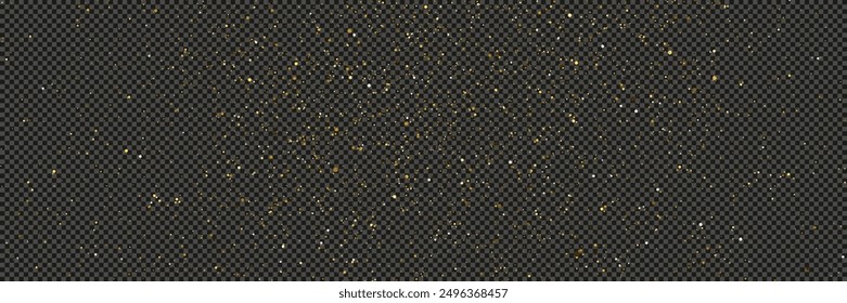 Gold glittering dust with stars on a gray transparent background. Dust with gold glitter effect and empty space for your text.  Vector illustration