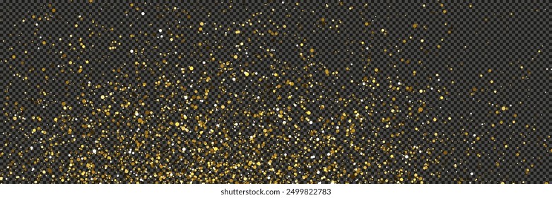 Gold glittering dust with stars on a gray transparent background. Dust with gold glitter effect and empty space for your text.  Vector illustration