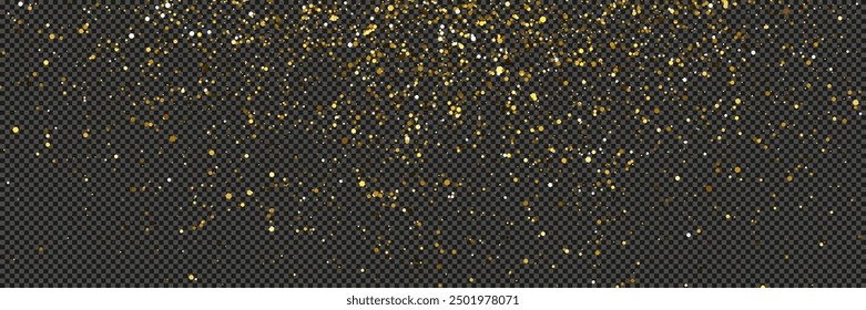 Polvo brillante de oro con estrellas sobre un fondo gris transparente. Polvo con efecto de brillo dorado y espacio vacío para su texto.  Ilustración vectorial