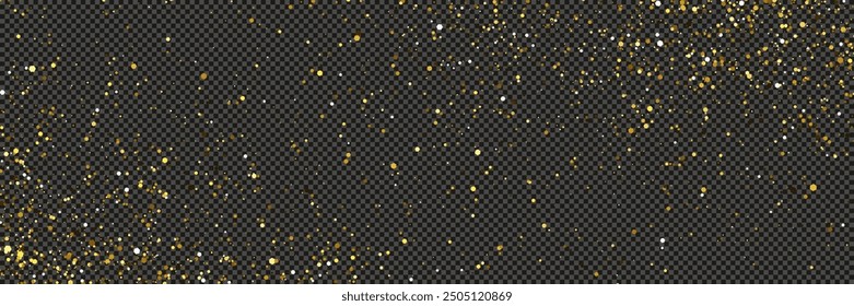Gold glittering dust with stars on a gray transparent background. Dust with gold glitter effect and empty space for your text.  Vector illustration