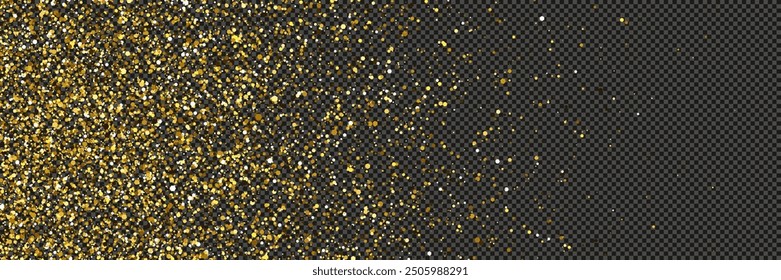 Gold glittering dust with stars on a gray transparent background. Dust with gold glitter effect and empty space for your text.  Vector illustration