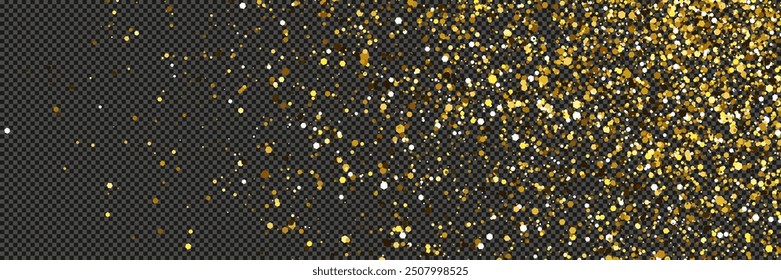 Gold glittering dust with stars on a gray transparent background. Dust with gold glitter effect and empty space for your text.  Vector illustration