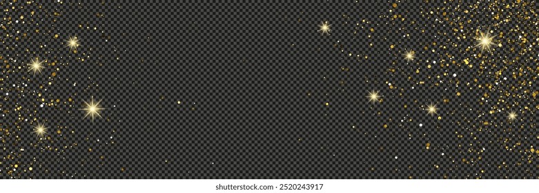 Gold glittering dust with stars on a gray transparent background. Dust with gold glitter effect and empty space for your text.  Vector illustration