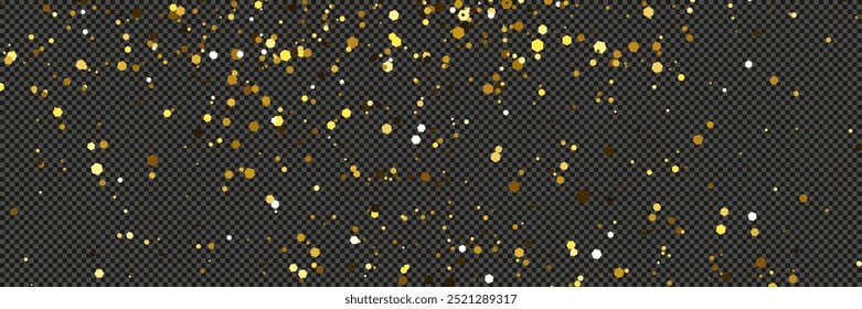 Gold glittering dust with stars on a gray transparent background. Dust with gold glitter effect and empty space for your text.  Vector illustration