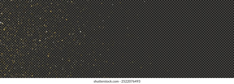 Gold glittering dust with stars on a gray transparent background. Dust with gold glitter effect and empty space for your text.  Vector illustration