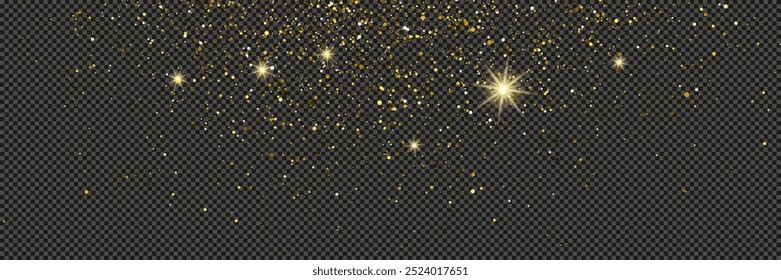 Gold glittering dust with stars on a gray transparent background. Dust with gold glitter effect and empty space for your text.  Vector illustration