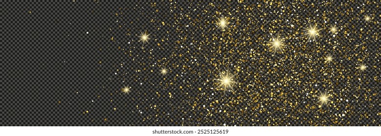 Gold glittering dust with stars on a gray transparent background. Dust with gold glitter effect and empty space for your text.  Vector illustration