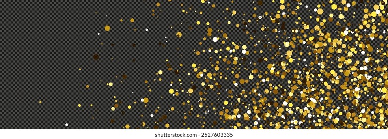 Gold glittering dust with stars on a gray transparent background. Dust with gold glitter effect and empty space for your text.  Vector illustration