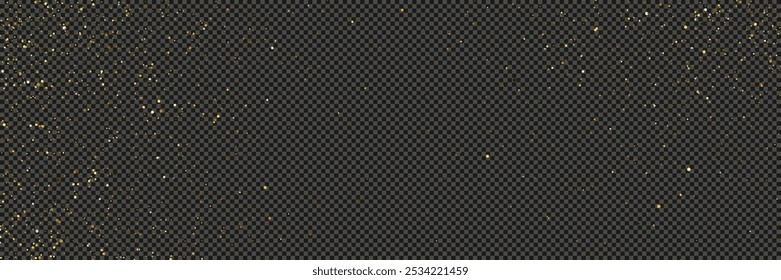 Gold glittering dust with stars on a gray transparent background. Dust with gold glitter effect and empty space for your text.  Vector illustration