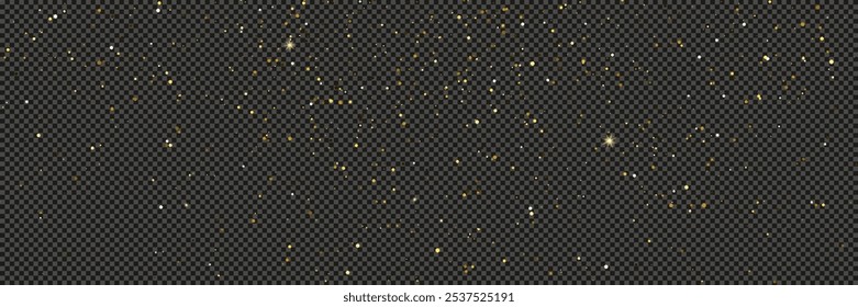 Gold glittering dust with stars on a gray transparent background. Dust with gold glitter effect and empty space for your text.  Vector illustration