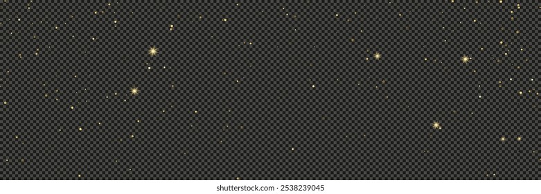 Gold glittering dust with stars on a gray transparent background. Dust with gold glitter effect and empty space for your text.  Vector illustration
