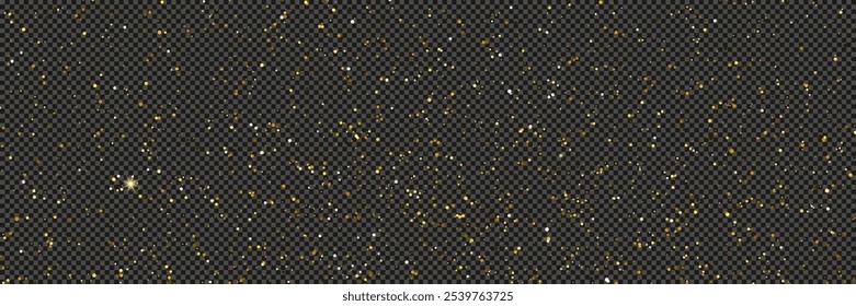 Polvo brillante de oro con estrellas sobre un fondo gris transparente. Polvo con efecto de brillo dorado y espacio vacío para su texto.  Ilustración vectorial