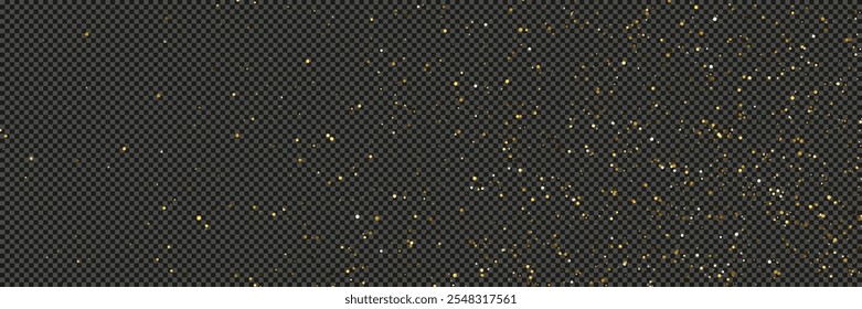 Gold glittering dust with stars on a gray transparent background. Dust with gold glitter effect and empty space for your text.  Vector illustration