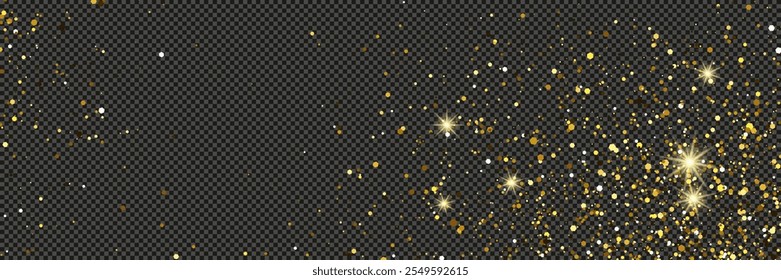 Gold glittering dust with stars on a gray transparent background. Dust with gold glitter effect and empty space for your text.  Vector illustration