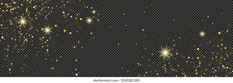 Gold glittering dust with stars on a gray transparent background. Dust with gold glitter effect and empty space for your text.  Vector illustration