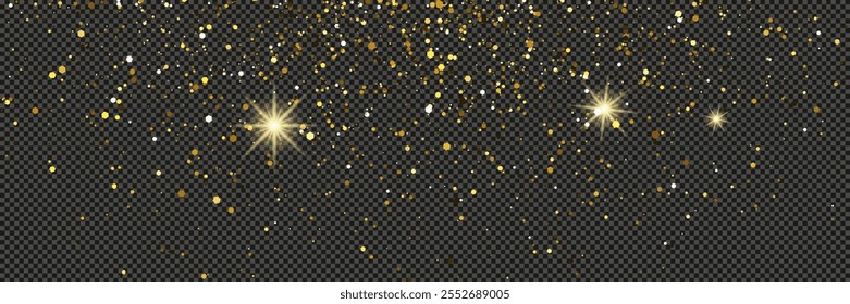 Gold glittering dust with stars on a gray transparent background. Dust with gold glitter effect and empty space for your text.  Vector illustration