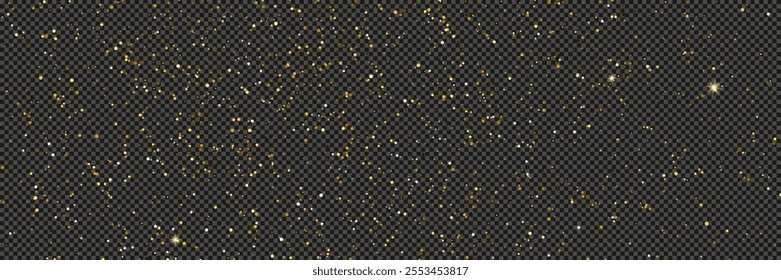 Gold glittering dust with stars on a gray transparent background. Dust with gold glitter effect and empty space for your text.  Vector illustration