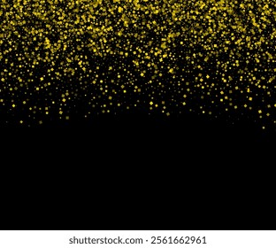 Gold glittering dust with stars on a Black transparent background. Dust with gold glitter effect and empty space for your text, Gold falling glitter, shiny golden confetti with glowing sparkles.