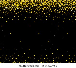 Gold glittering dust with stars on a Black transparent background. Dust with gold glitter effect and empty space for your text, Gold falling glitter, shiny golden confetti with glowing sparkles.