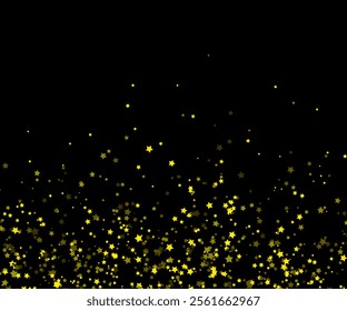 Gold glittering dust with stars on a Black transparent background. Dust with gold glitter effect and empty space for your text, Gold falling glitter, shiny golden confetti with glowing sparkles.