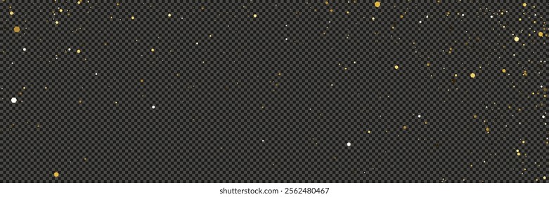 Gold glittering dust with stars on a gray transparent background. Dust with gold glitter effect and empty space for your text.  Vector illustration