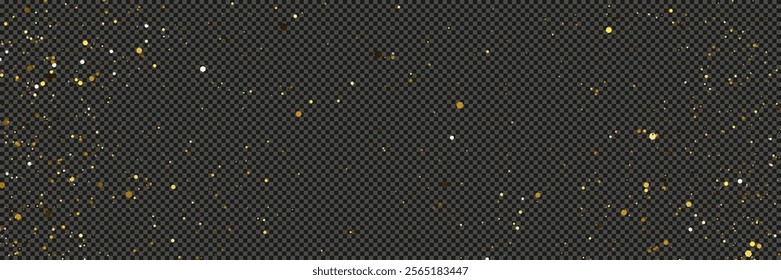 Gold glittering dust with stars on a gray transparent background. Dust with gold glitter effect and empty space for your text.  Vector illustration