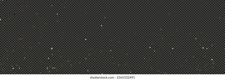 Gold glittering dust with stars on a gray transparent background. Dust with gold glitter effect and empty space for your text.  Vector illustration