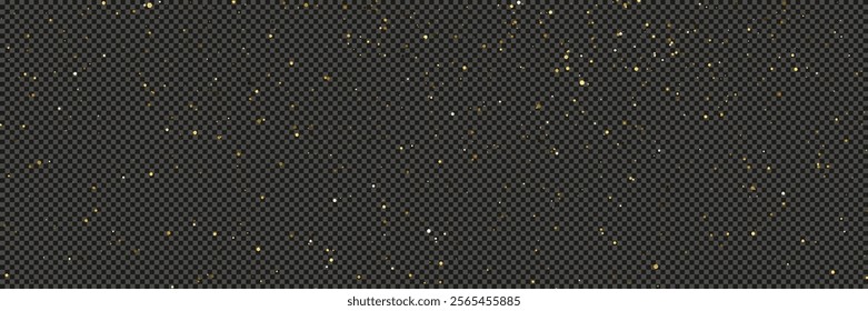 Gold glittering dust with stars on a gray transparent background. Dust with gold glitter effect and empty space for your text.  Vector illustration