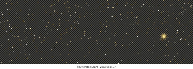 Gold glittering dust with stars on a gray transparent background. Dust with gold glitter effect and empty space for your text.  Vector illustration