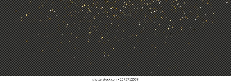 Gold glittering dust with stars on a gray transparent background. Dust with gold glitter effect and empty space for your text.  Vector illustration