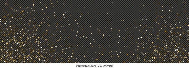 Gold glittering dust with stars on a gray transparent background. Dust with gold glitter effect and empty space for your text.  Vector illustration