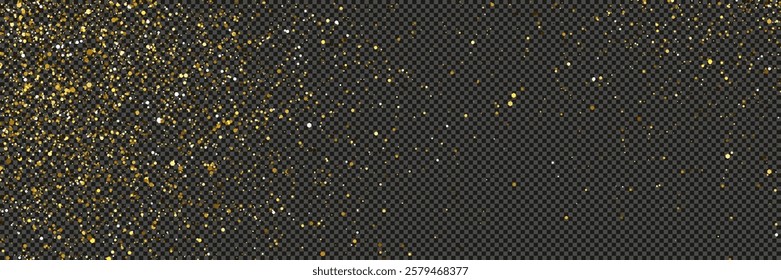 Gold glittering dust with stars on a gray transparent background. Dust with gold glitter effect and empty space for your text.  Vector illustration