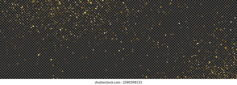 Gold glittering dust with stars on a gray transparent background. Dust with gold glitter effect and empty space for your text.  Vector illustration