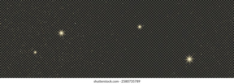 Gold glittering dust with stars on a gray transparent background. Dust with gold glitter effect and empty space for your text.  Vector illustration