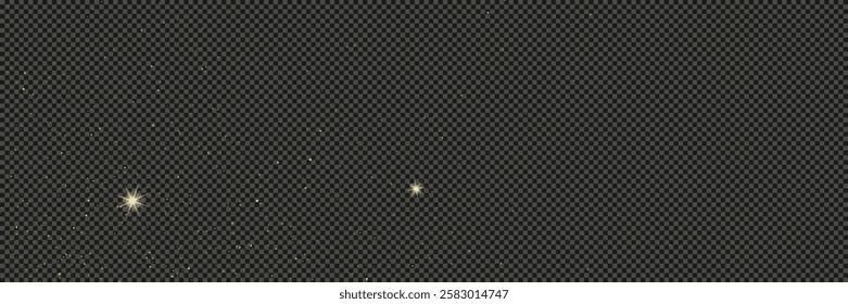 Gold glittering dust with stars on a gray transparent background. Dust with gold glitter effect and empty space for your text.  Vector illustration