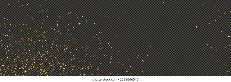 Gold glittering dust with stars on a gray transparent background. Dust with gold glitter effect and empty space for your text.  Vector illustration