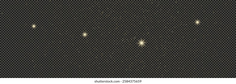 Gold glittering dust with stars on a gray transparent background. Dust with gold glitter effect and empty space for your text.  Vector illustration