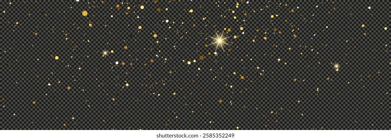 Gold glittering dust with stars on a gray transparent background. Dust with gold glitter effect and empty space for your text.  Vector illustration