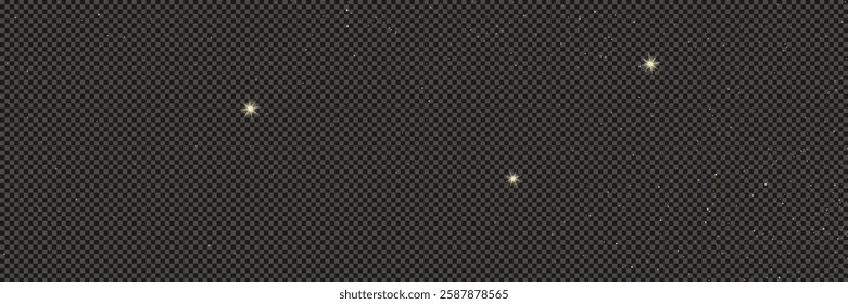 Gold glittering dust with stars on a gray transparent background. Dust with gold glitter effect and empty space for your text.  Vector illustration