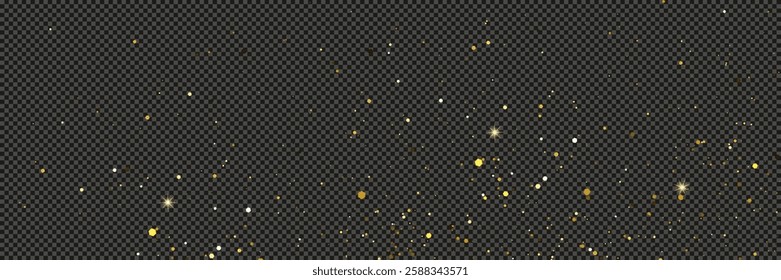 Gold glittering dust with stars on a gray transparent background. Dust with gold glitter effect and empty space for your text.  Vector illustration