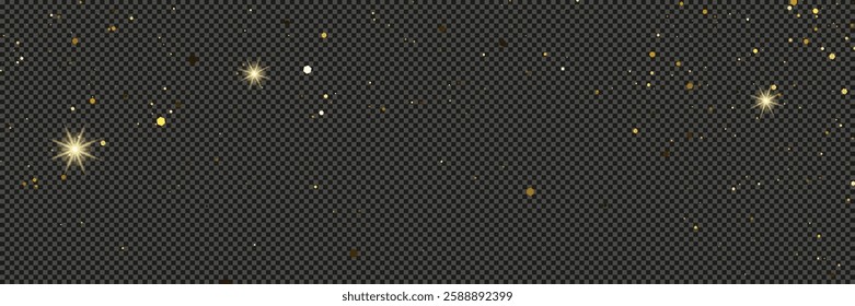 Gold glittering dust with stars on a gray transparent background. Dust with gold glitter effect and empty space for your text.  Vector illustration